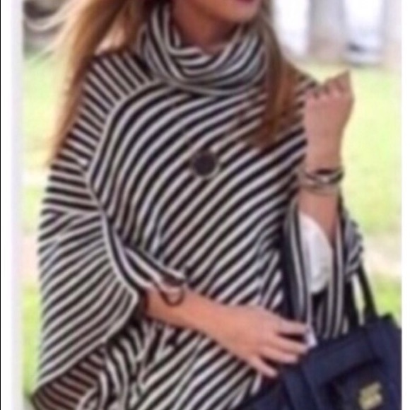 Striped Cowl Neck Poncho - Picture 2 of 8